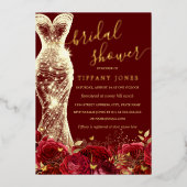 きらめくドレスレッド金ゴールドフローラバラブライダルシャワー 箔招待状 (正面)
