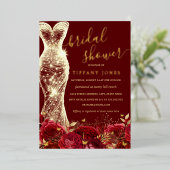 きらめくドレスレッド金ゴールドフローラバラブライダルシャワー 箔招待状 (立ち正面)