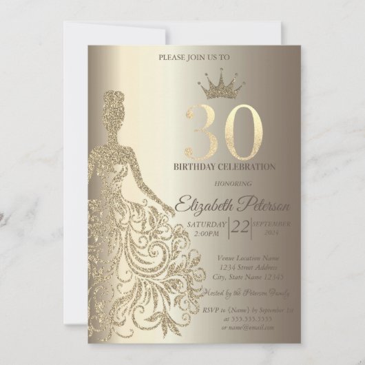 きらめくドレス、ダイヤモンドシャンパン30歳の誕生日 招待状 (正面)