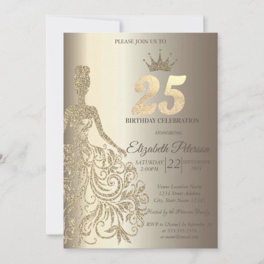 きらめくドレス、ダイヤモンド シャンパン 25歳の誕生日 招待状 (正面)