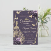 きらめくドレス、蝶 紫のバラ ケンカネーラ(Quinceañera) 招待状 (スタンド正面)