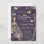 きらめくドレス、蝶 紫のバラ ケンカネーラ(Quinceañera) 招待状 (正面)