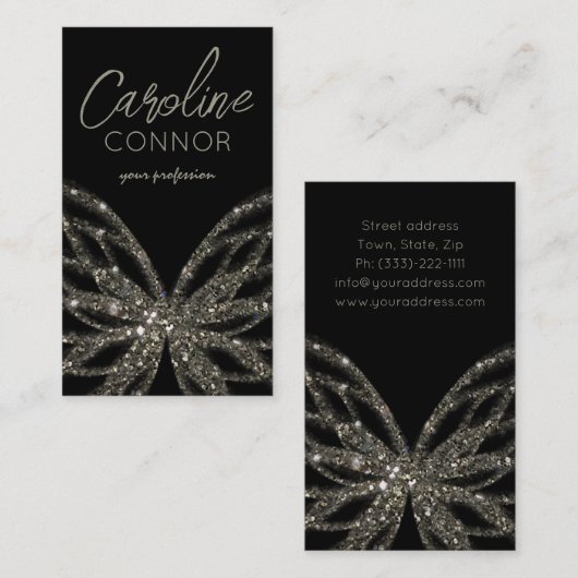 きらめくバタフライモダンブラックビジネスカード 名刺 (正面/裏面)