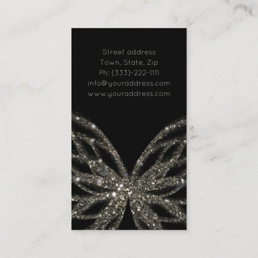 きらめくバタフライモダンブラックビジネスカード 名刺 (裏面)