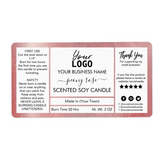 きらめくバラ金ゴールドインク牡丹香豆蝋燭 ラベル (正面)