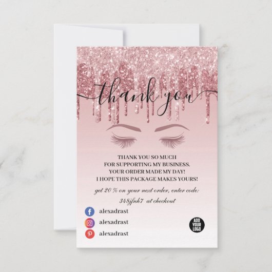 きらめくバラ金ゴールドフェイクグリッターサンキューカード サンキューカード (正面)