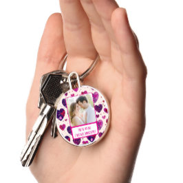 きらめくパープルハートテキストすぐに戻る キーホルダー