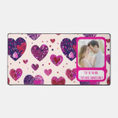 きらめくパープルハートテキストすぐに戻る デスクマット (正面)