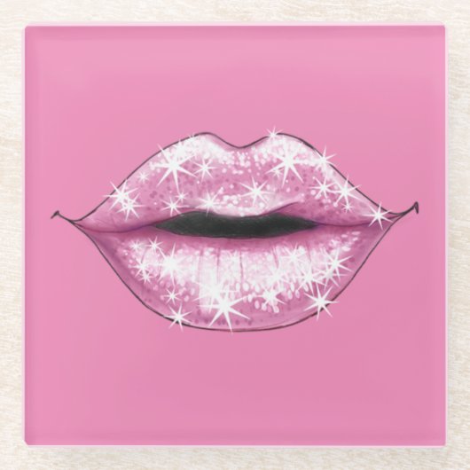 きらめくピンクの唇 ガラスコースター (正面)