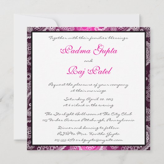 きらめくピンクアンドホワイトペイズリー結婚式招待状 招待状 (裏面)