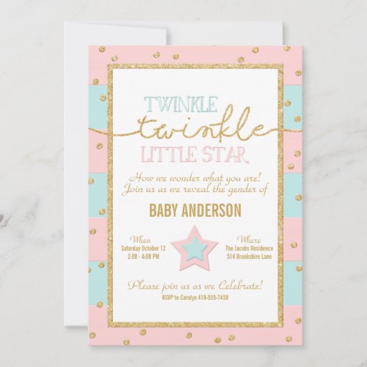 きらめくピンク色のブルー金ゴールド性別の表示 招待状 (正面)