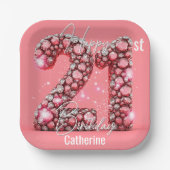 きらめくピンク&シルバーの宝石21歳の誕生日 ペーパープレート (正面)