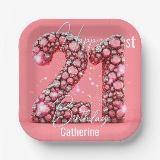 きらめくピンク&シルバーの宝石21歳の誕生日 ペーパープレート (正面)