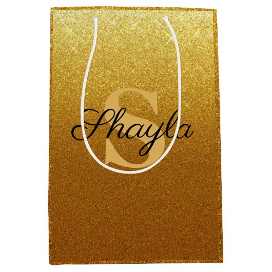 きらめくフェイク金ゴールドモノグラムの ミディアムペーパーバッグ (正面)