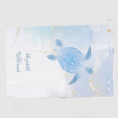 きらめくブルータートルブルー金ゴールドブルーインク ゴルフタオル (横)