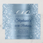 きらめくライトブルーの箔押しモノグラム 40歳の誕生日 招待状 (正面/裏面)