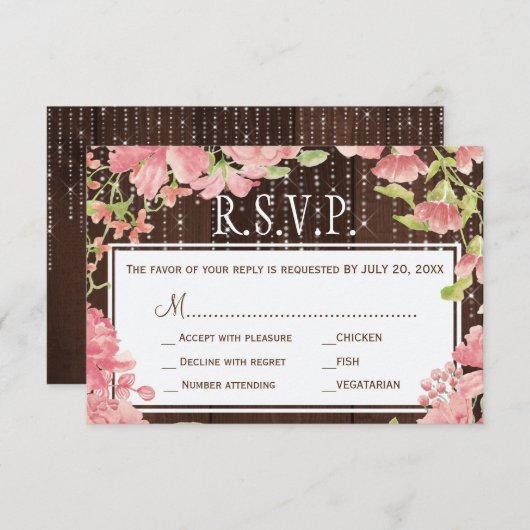 きらめくライト牡丹の納屋の木の結婚式rsvp 出欠カード (正面/裏面)