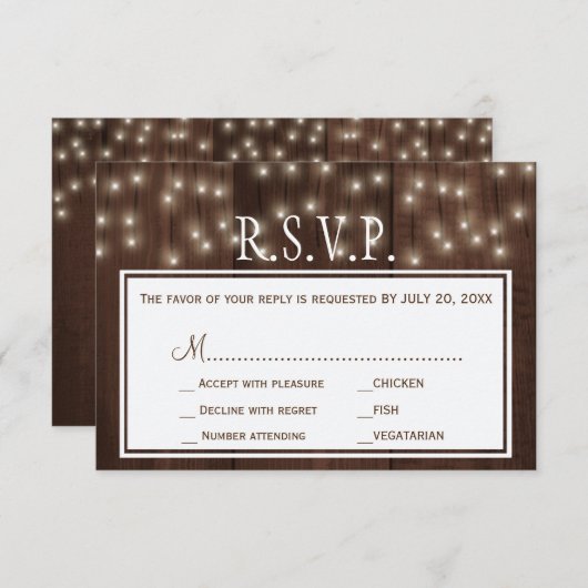 きらめくライト素朴な納屋の木の結婚式rsvp 出欠カード (正面/裏面)