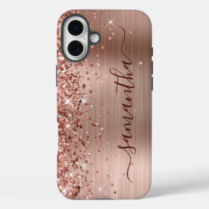 きらめくローズゴールドのメタリックで女の子らしいブラックシグネチャー iPhone 16 PLUSケース