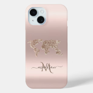 きらめく世界地図 トラベル ローズゴールド モノグラム iPhone 15ケース