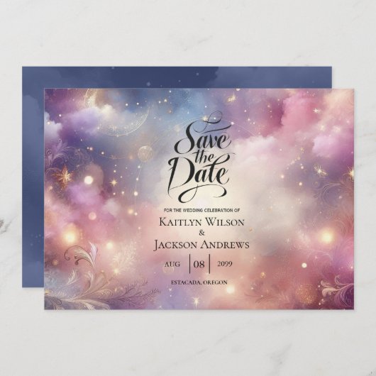 きらめく天の星の塵の空のウェディング セーブザデート (正面/裏面)