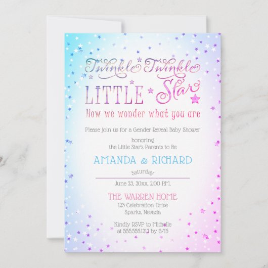 きらめく小さな星の性別シャワーを明らかにする 招待状 (正面)