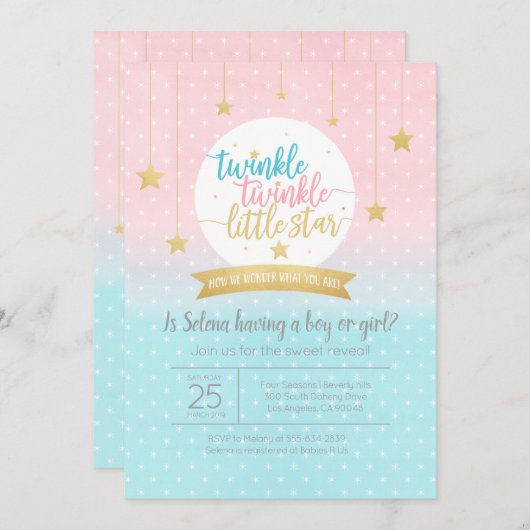 きらめく小さな星の性別シャワーを明らかにする 招待状 (正面/裏面)