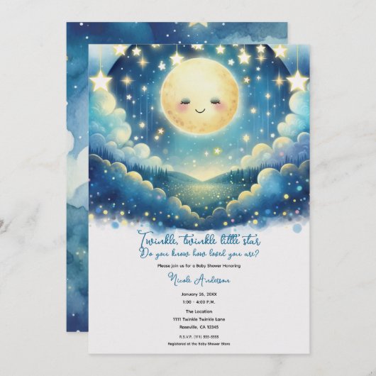 きらめく小さな星の水の色ベビーシャワー 招待状 (正面/裏面)
