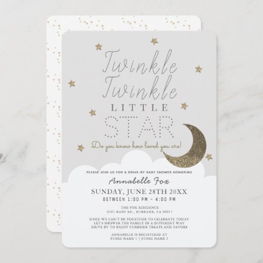 きらめく小さな星の灰色のドライブバイベビーシャワー 招待状 (正面/裏面)