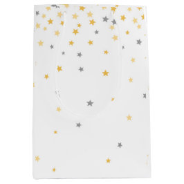 きらめく小さな星の赤ちゃんシャワーグレーと黄色 ミディアムペーパーバッグ