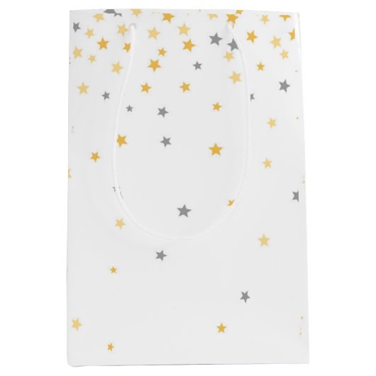 きらめく小さな星の赤ちゃんシャワーグレーと黄色 ミディアムペーパーバッグ (正面)