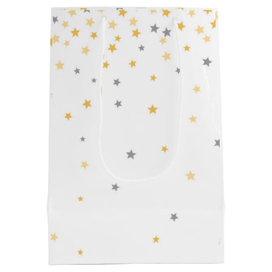 きらめく小さな星の赤ちゃんシャワーグレーと黄色 ミディアムペーパーバッグ (裏面)