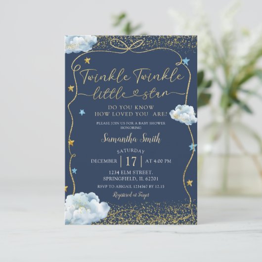 きらめく小さな星の赤ちゃんシャワー手描き 招待状 (スタンド正面)