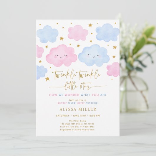 きらめく小さな星の雲ピンクの青のジェンダーの明け 招待状 (スタンド正面)