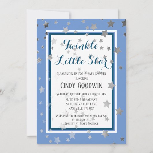 きらめく小さな星の青い銀の星ベビーシャワー 招待状 (正面)