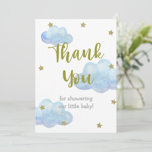 きらめく小さな星の青い雲の赤ちゃんシャワー サンキューカード (スタンド正面)