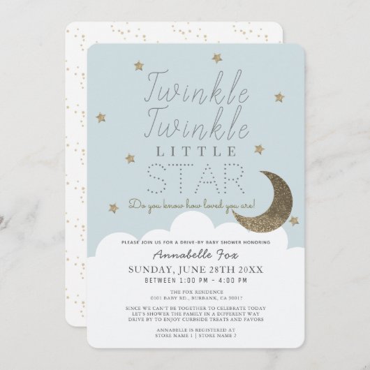 きらめく小さな星の青ドライブバイベビーシャワー 招待状 (正面/裏面)