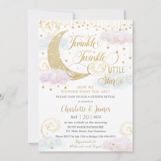 きらめく小さな星ピンクの性別シャワーを明らかにする 招待状 (正面)