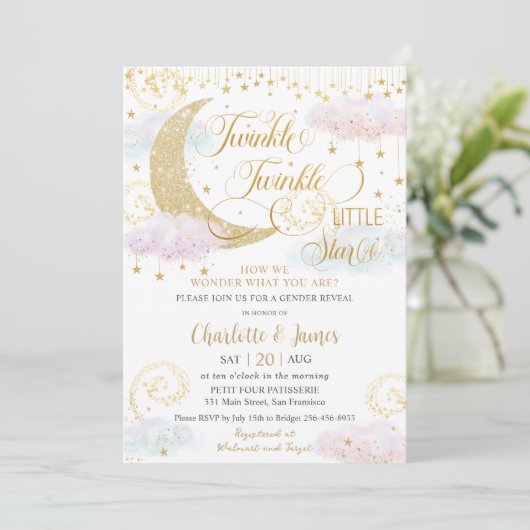 きらめく小さな星ピンクの性別シャワーを明らかにする 招待状 (スタンド正面)