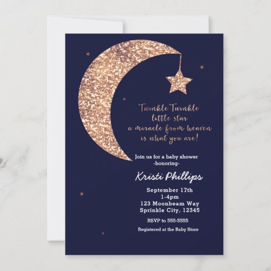 きらめく小さな星ブルーブロンズ月の赤ちゃんシャワー 招待状 (正面)