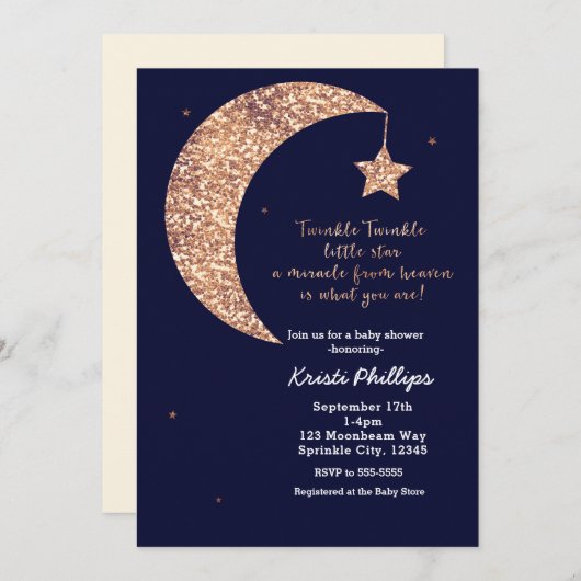 きらめく小さな星ブルーブロンズ月の赤ちゃんシャワー 招待状 (正面/裏面)