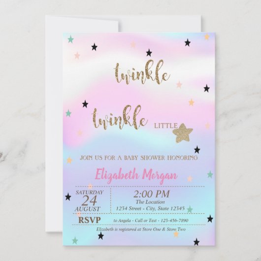 きらめく小さな星ホログラフィックベビーシャワー 招待状 (正面)