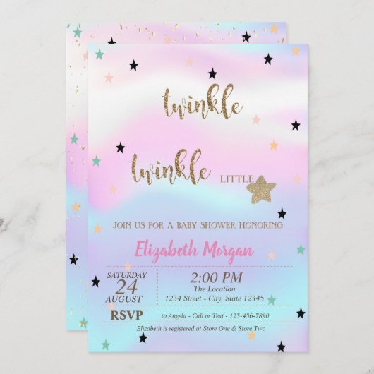 きらめく小さな星ホログラフィックベビーシャワー 招待状 (正面/裏面)