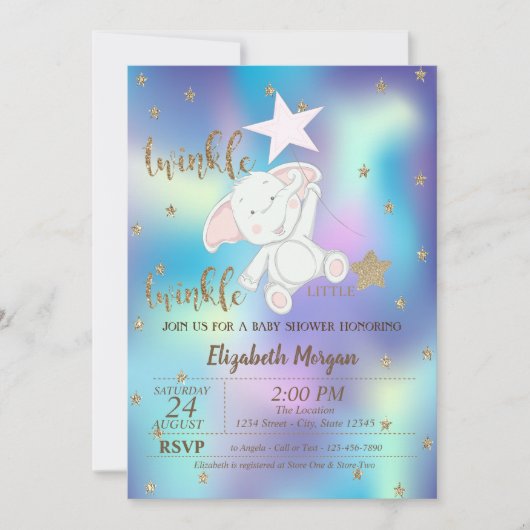 きらめく小さな星熊ホログラフィックベビーシャワー 招待状 (正面)