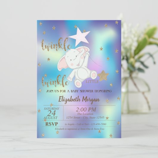 きらめく小さな星熊ホログラフィックベビーシャワー 招待状 (スタンド正面)