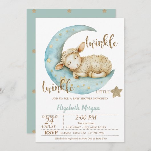 きらめく小さな羊の赤ちゃんシャワー 招待状 (正面/裏面)