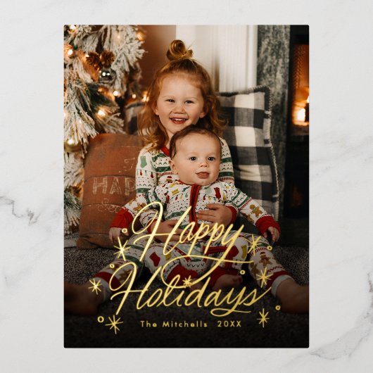 きらめく手レターハッピーホリデーズフォト 箔シーズンポストカード (正面)