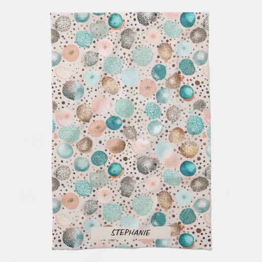 きらめく抽象芸術ドットパターンターコイズ、ピンク キッチンタオル (縦)