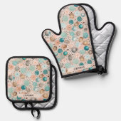 きらめく抽象芸術ドットパターンターコイズ、ピンク 鍋つかみ&鍋敷きセット (正面/裏面)