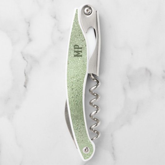 きらめく明るい緑の虹色のテクスチャ ソムリエナイフ (裏面)